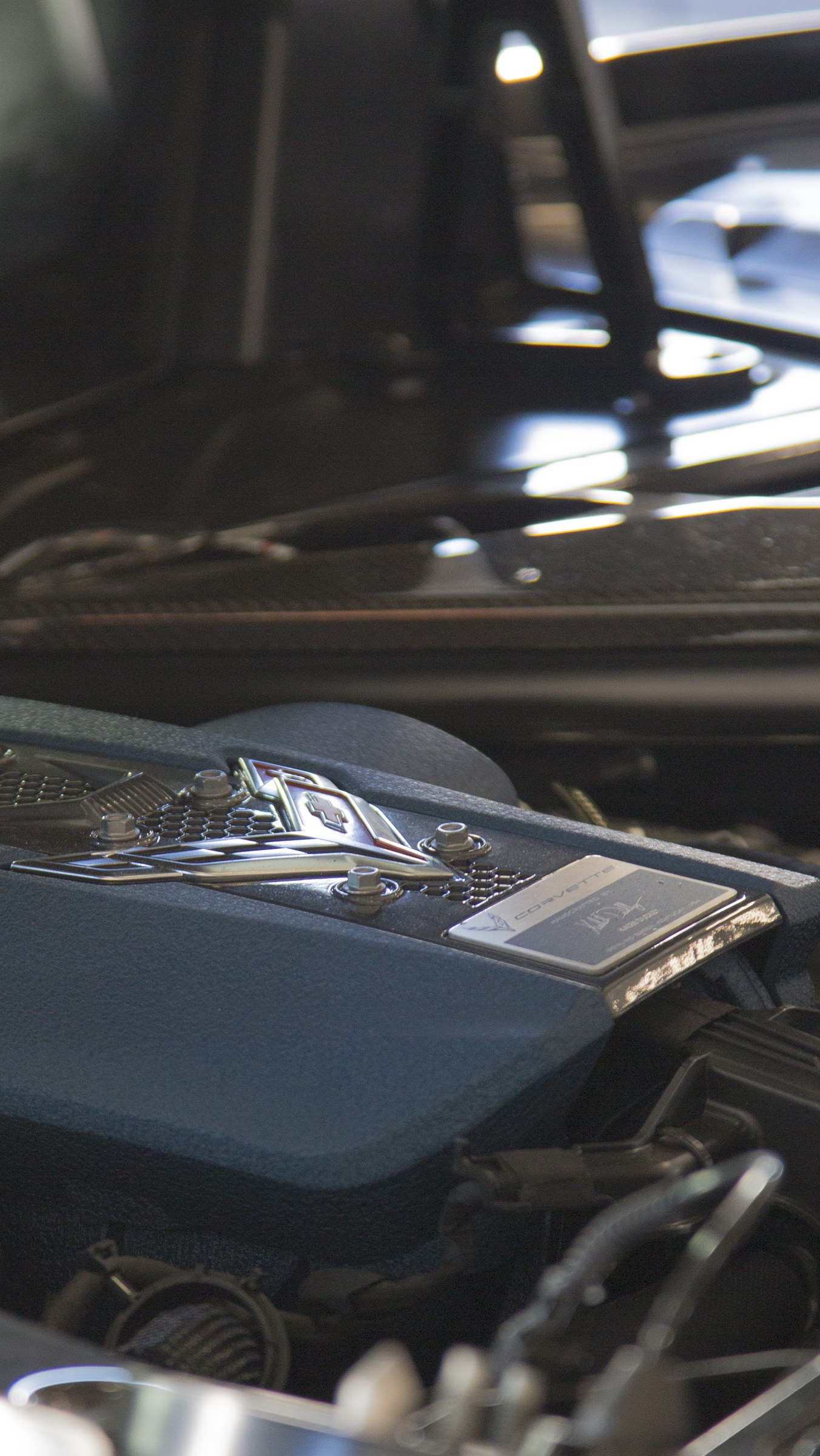 Light falling across the emblem and engine cover of a Corvette